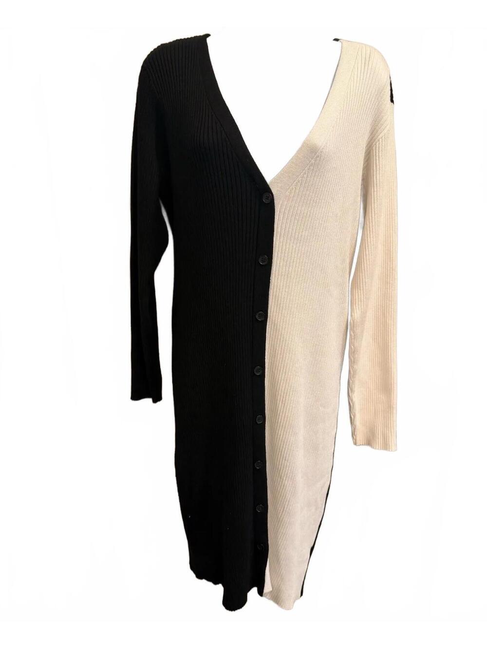 Two-Tone Ribbed Knit Button-Front Midi Sweater Dress